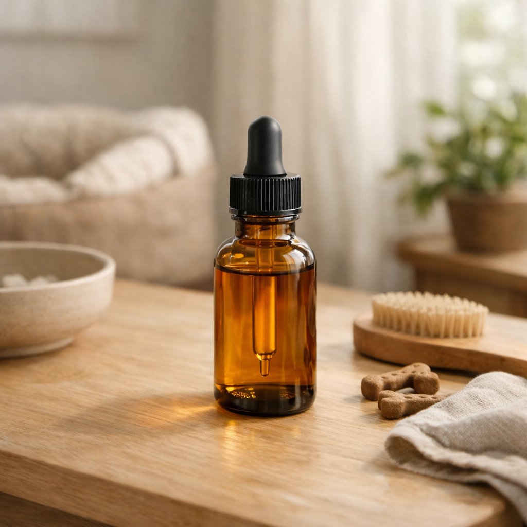 Flacon d'huile CBD pour animaux sur table en bois clair avec lumière douce