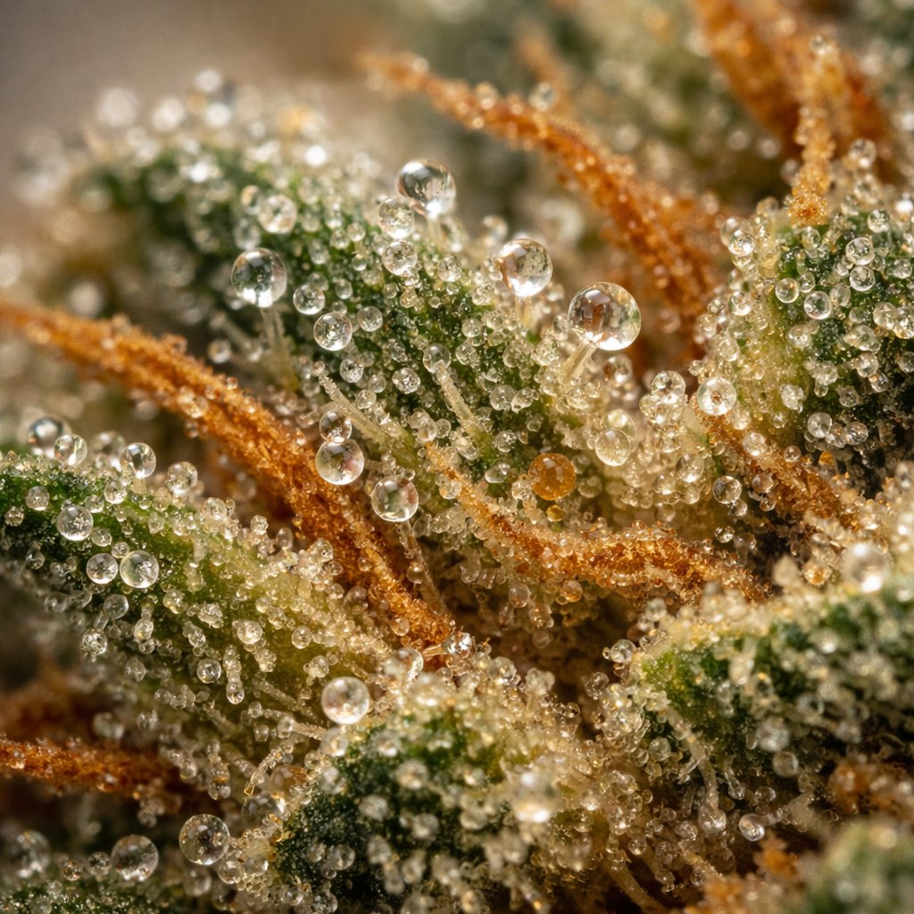 Détail macro des trichomes et résine sur fleur de cannabis séchée