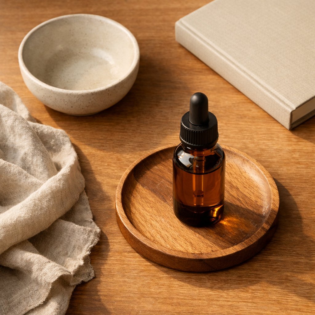 Composition flat-lay avec huile CBD pour animaux et accessoires lifestyle neutres