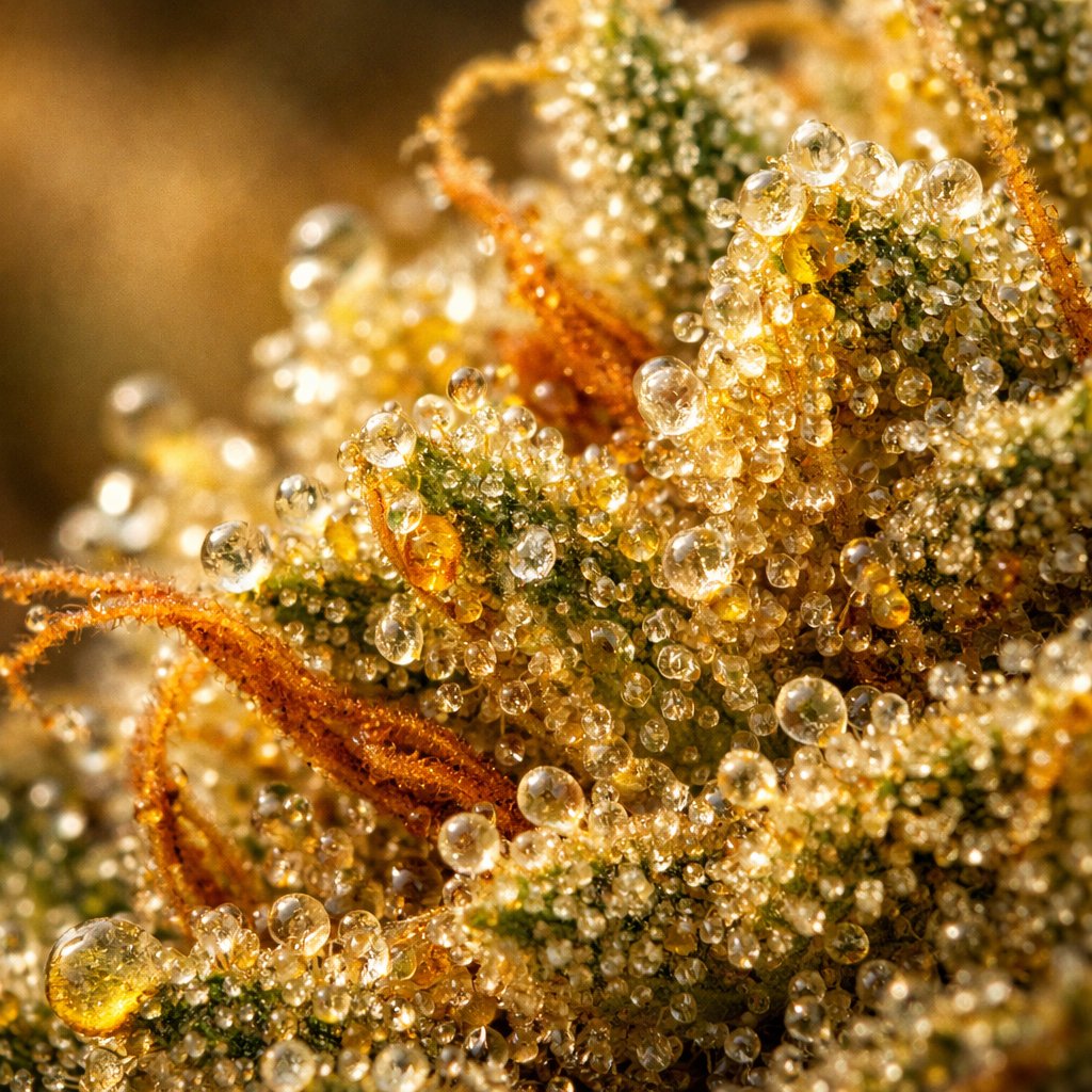 Détail macro des trichomes résineux sur fleur CBD Cinderella