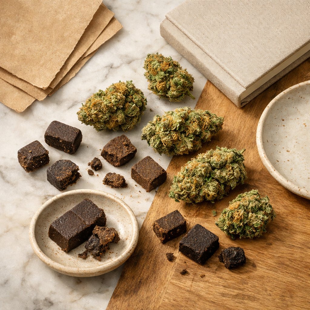 Vue zénithale des fleurs et résines Cinderella CBD en mise en scène lifestyle