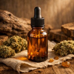 Bouteille d'huile CBD premium entourée de fleurs séchées et accessoires naturels