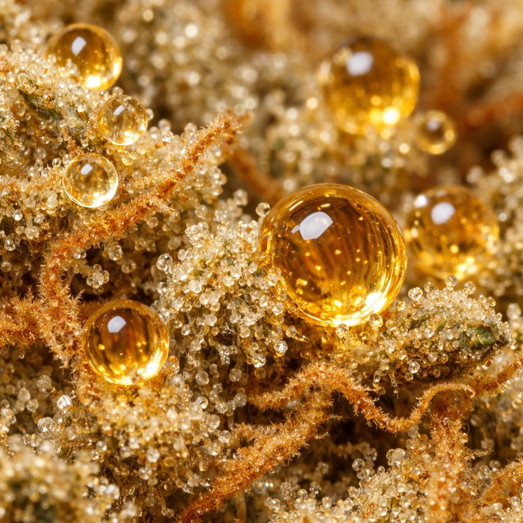 Gouttelettes d'huile CBD et trichomes sur fleur de cannabis séchée en macro