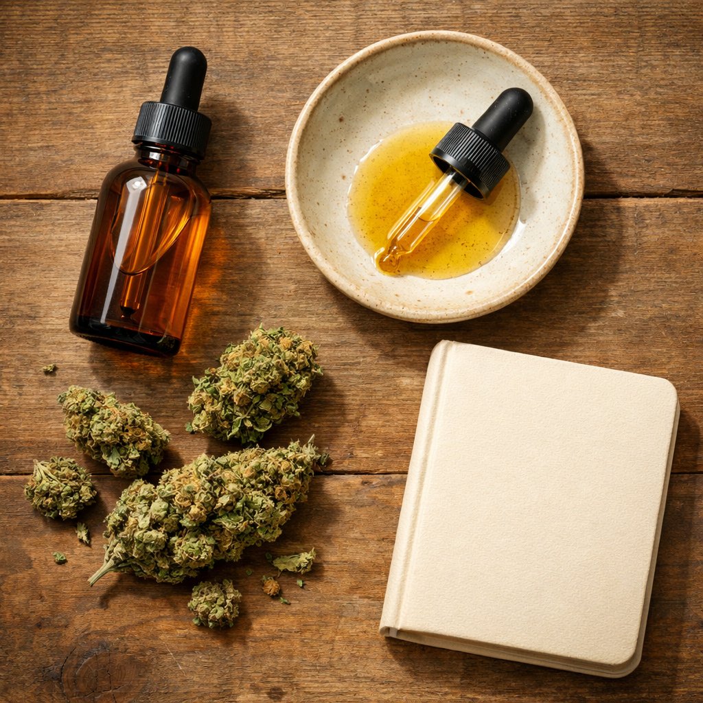 Vue à plat d'une bouteille d'huile CBD avec fleurs séchées et accessoires en céramique