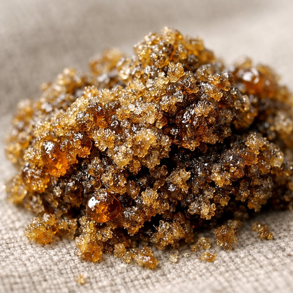 Gros plan macro sur trichomes et résine du hash CBD