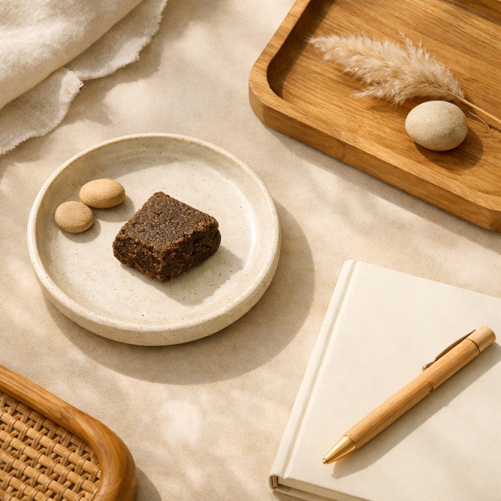 Vue flat-lay d’un hash CBD avec accessoires lifestyle neutres