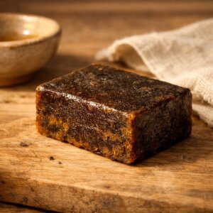 Bloc de résine hash CBD artisanal posé sur bois naturel