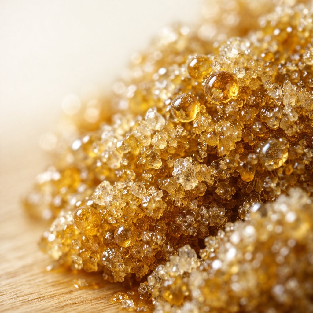 Détail macro des trichomes sur résine hash CBD
