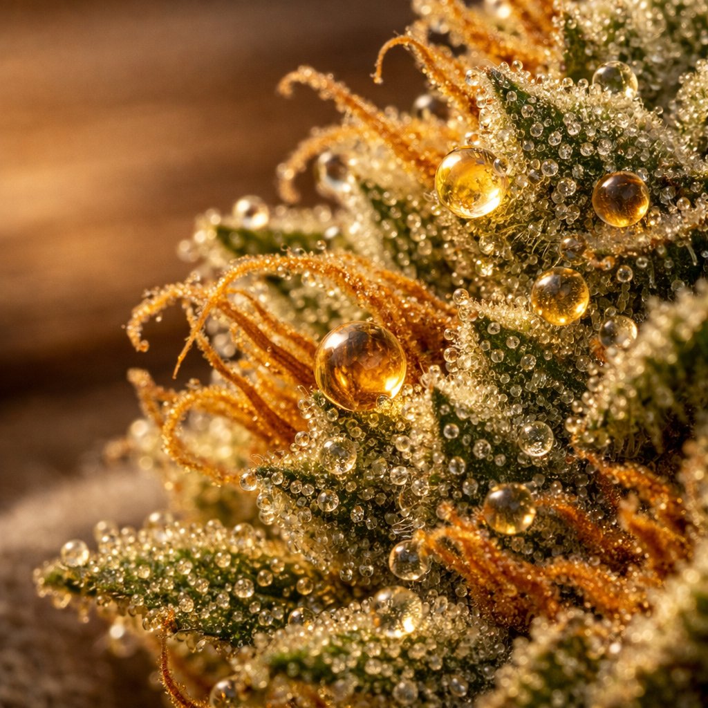 Gros plan macro sur trichomes et résine d’une fleur CBD