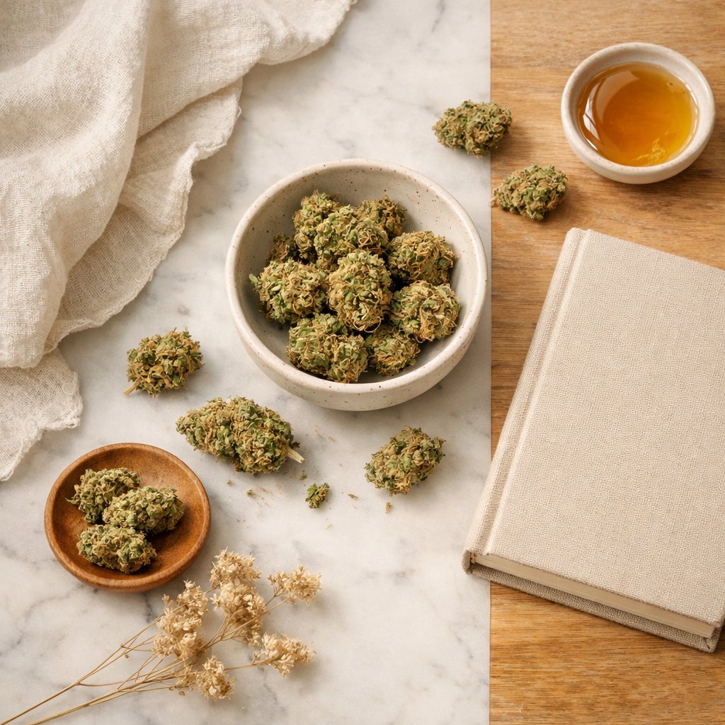 Vue plate de fleurs CBD séchées avec accessoires neutres