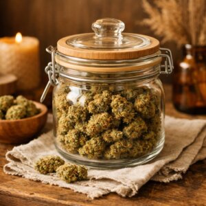 Fleurs CBD séchées dans un bocal en verre sur fond bois et lin