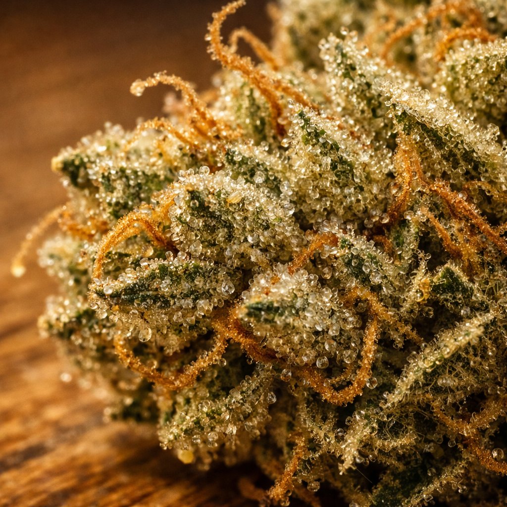 Gros plan sur trichomes brillants d’une fleur CBD séchée