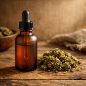 Bouteille en verre ambré mat et fleurs séchées de CBD sur bois