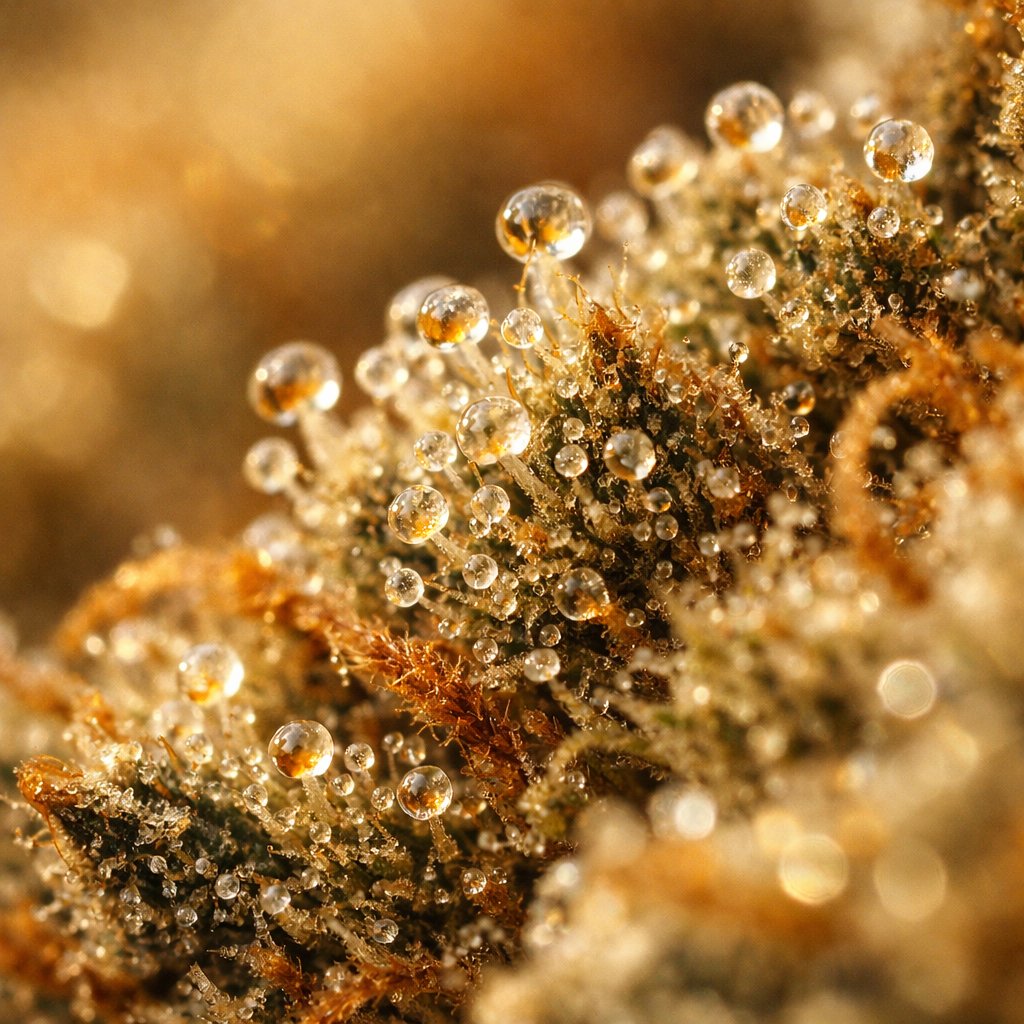 Gros plan macro sur les trichomes résineux d’une fleur CBD