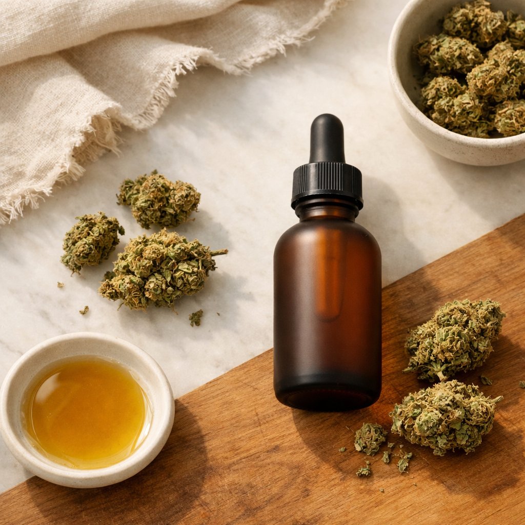 Composition flat-lay avec fleurs CBD, bouteille ambrée et accessoires lifestyle
