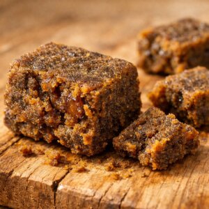 Bloc de hash CBD premium sur surface bois naturel avec texture dense et nuances ambrées