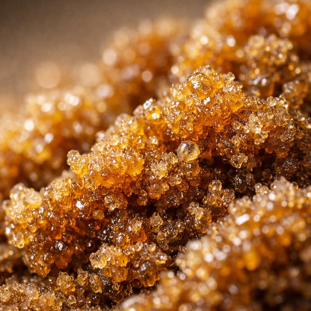 Détail macro des trichomes et résine cristalline sur hash CBD