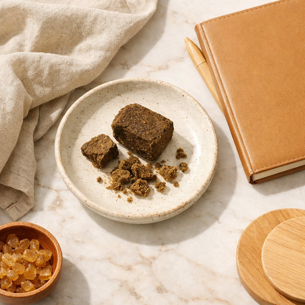 Composition flat-lay avec hash CBD et accessoires lifestyle neutres