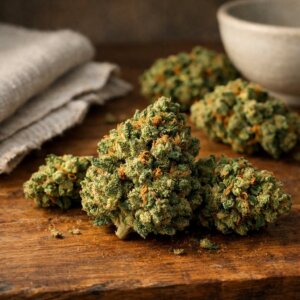 Fleurs séchées Hindu Kush CBD sur bois avec texture détaillée