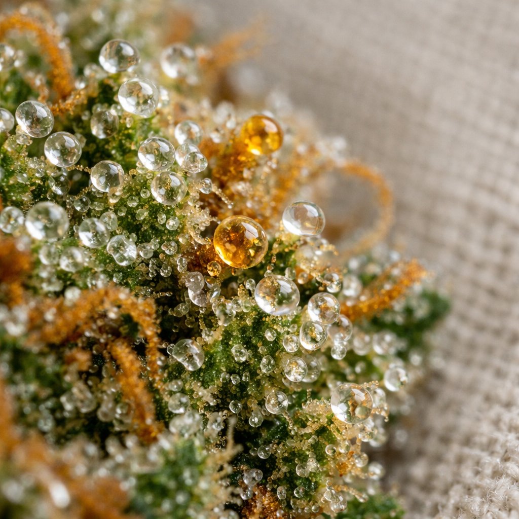 Macro trichomes résineux sur fleur Hindu Kush CBD