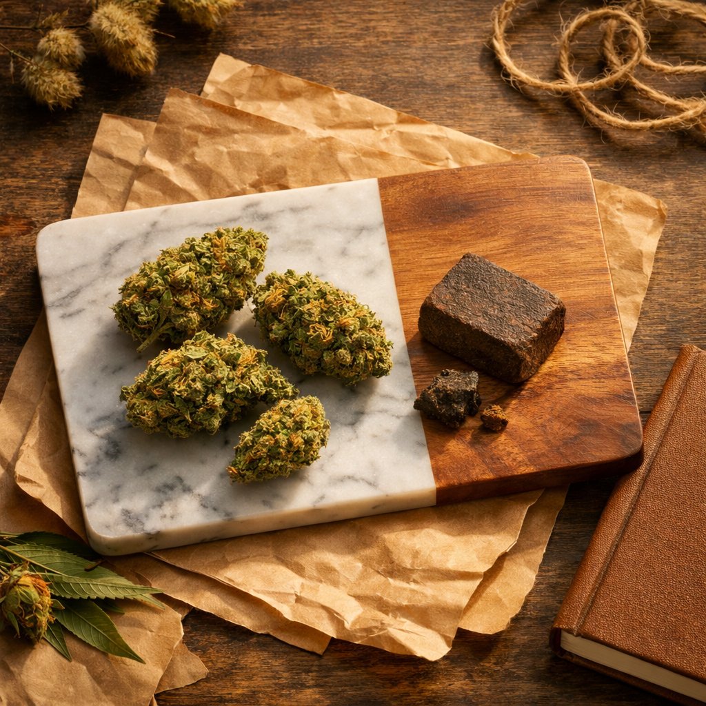 Flat-lay produit Hindu Kush CBD avec fleur et résine