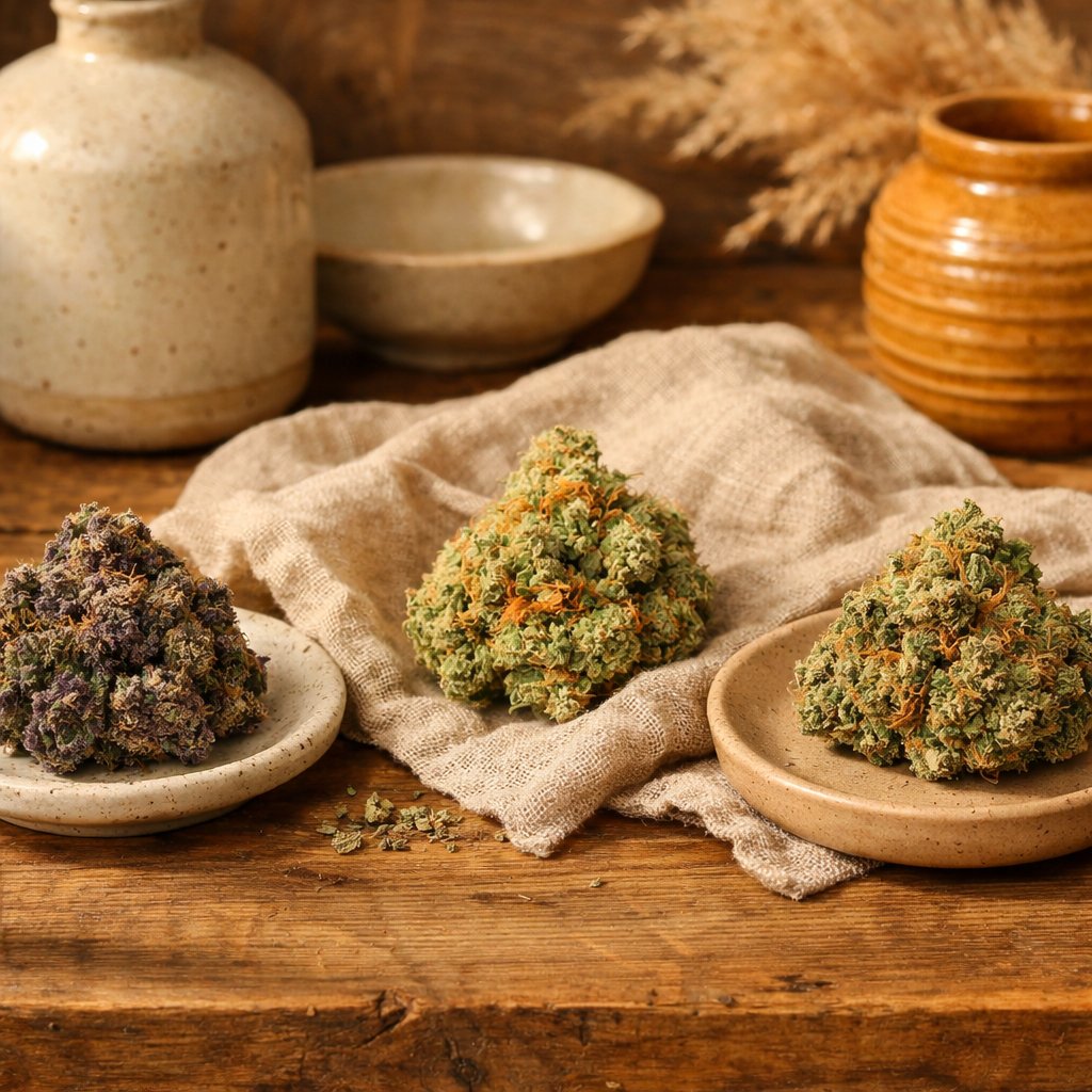 Composition de fleurs CBD séchées indica, sativa et hybride sur bois naturel