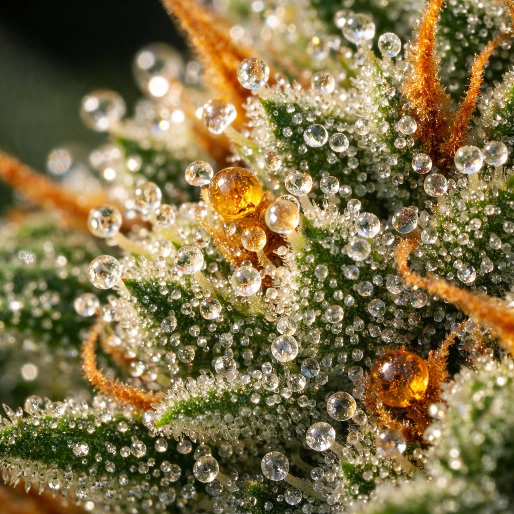 Détail macro des trichomes sur une fleur CBD indica dense