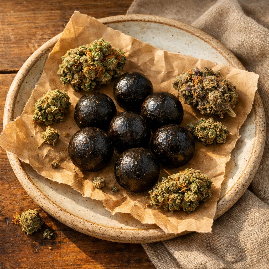 Vue flat-lay de résines CBD et small buds hybrides sur plateau en céramique