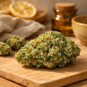 Fleur séchée Lemon Haze CBD avec pistils orange sur bois clair