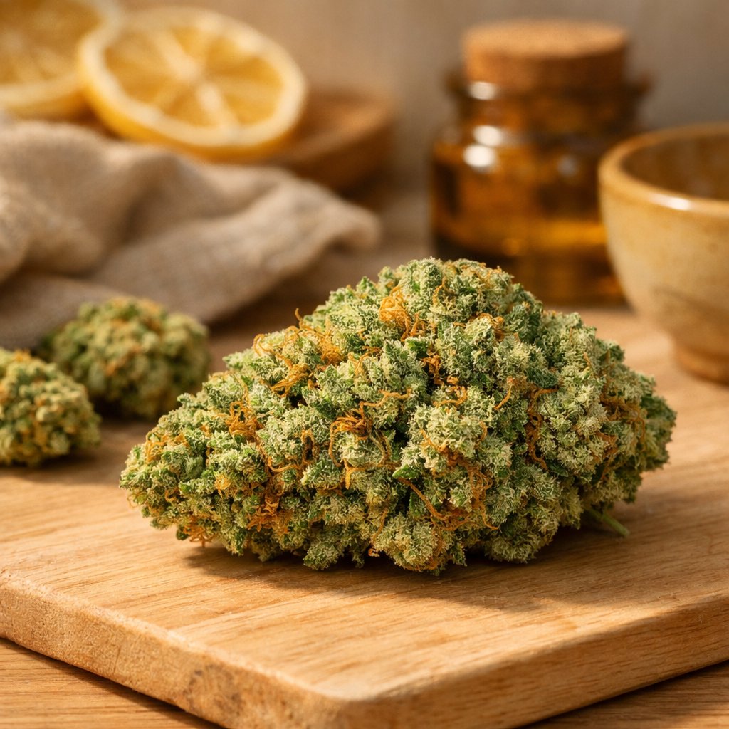 Fleur séchée Lemon Haze CBD avec pistils orange sur bois clair