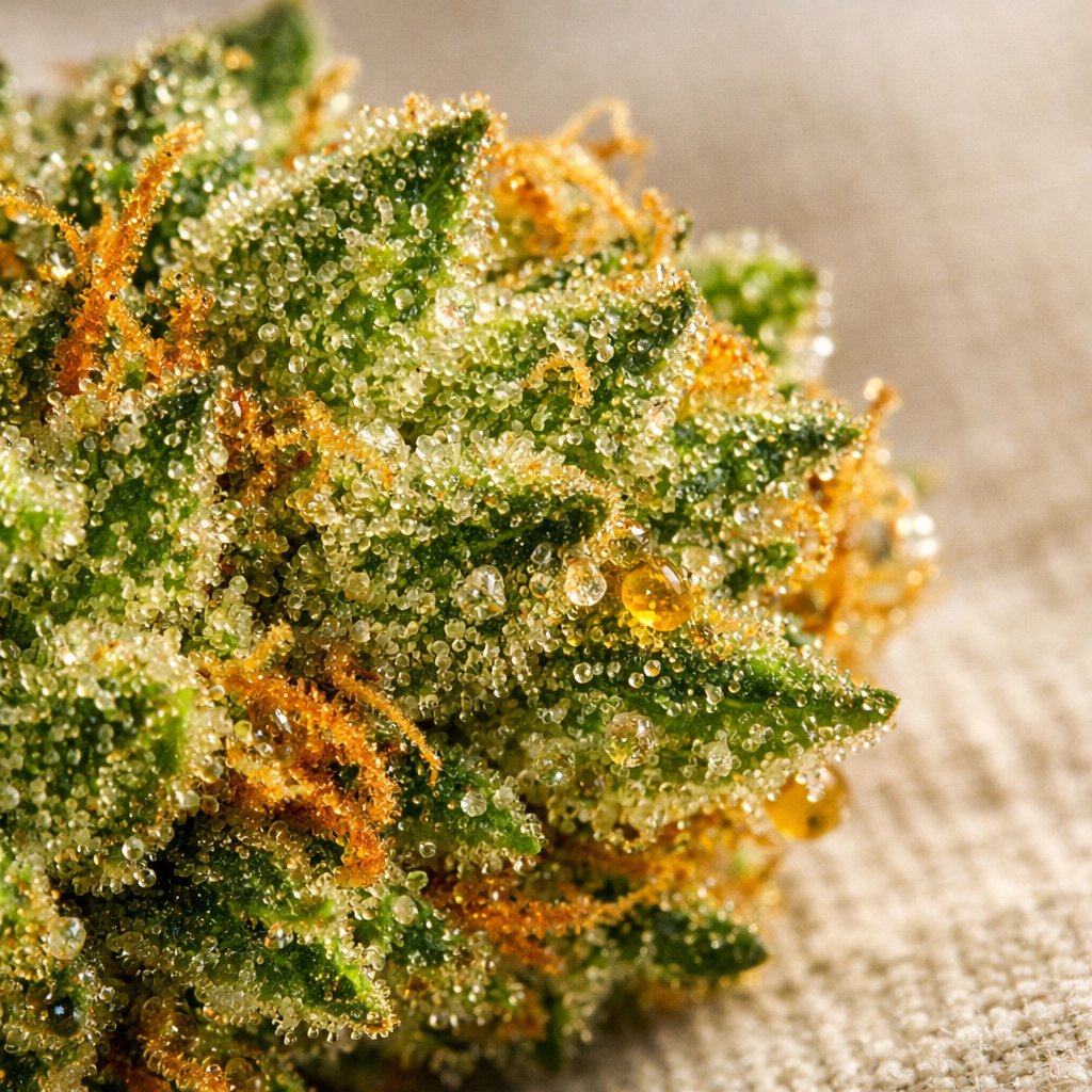 Détail macro des trichomes et résine d'une fleur Lemon Haze CBD