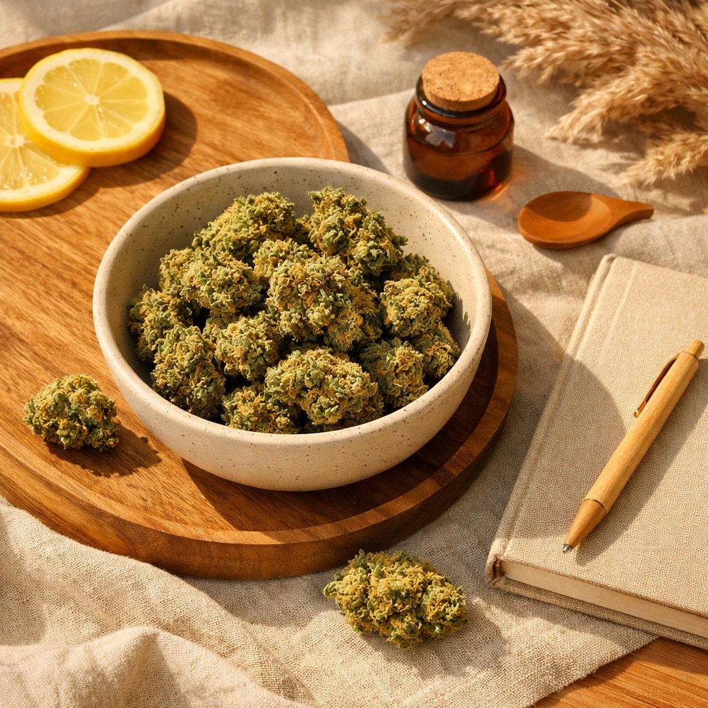 Flat-lay de fleur Lemon Haze CBD avec éléments lifestyle naturels