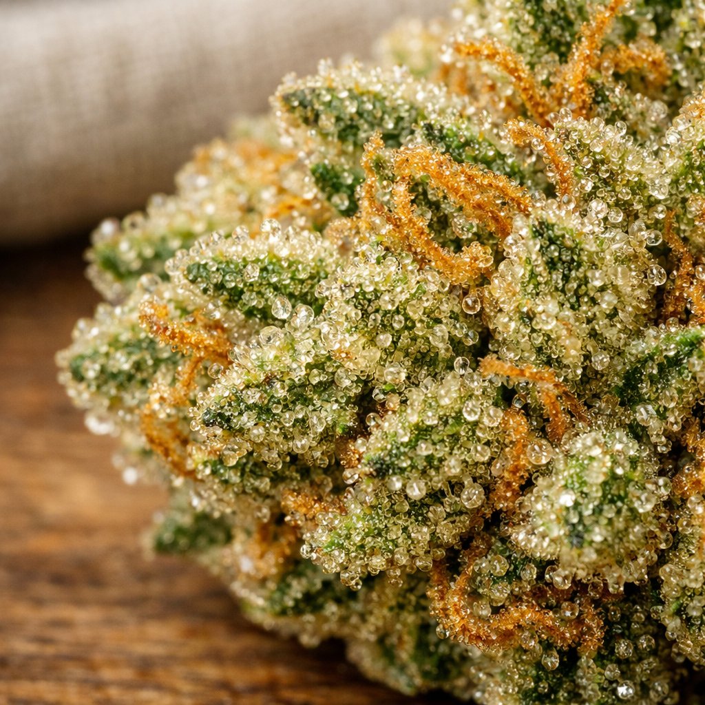 Macro détaillée des trichomes sur une fleur CBD dense