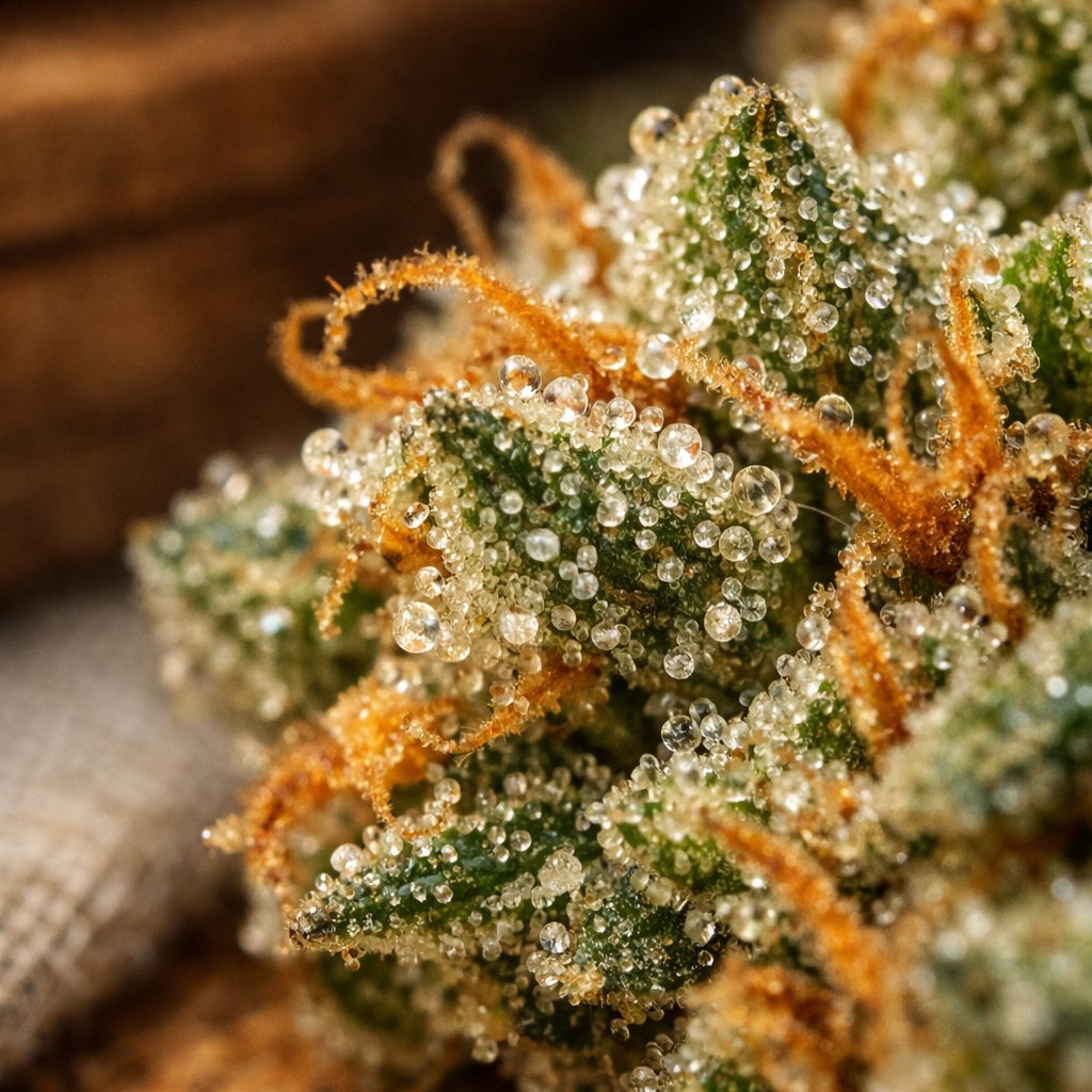 Détail macro des trichomes et résine collante sur fleurs CBD séchées