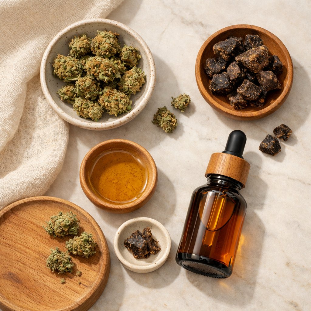 Vue zenithale de produits CBD variés sur surface marbre et bois naturel