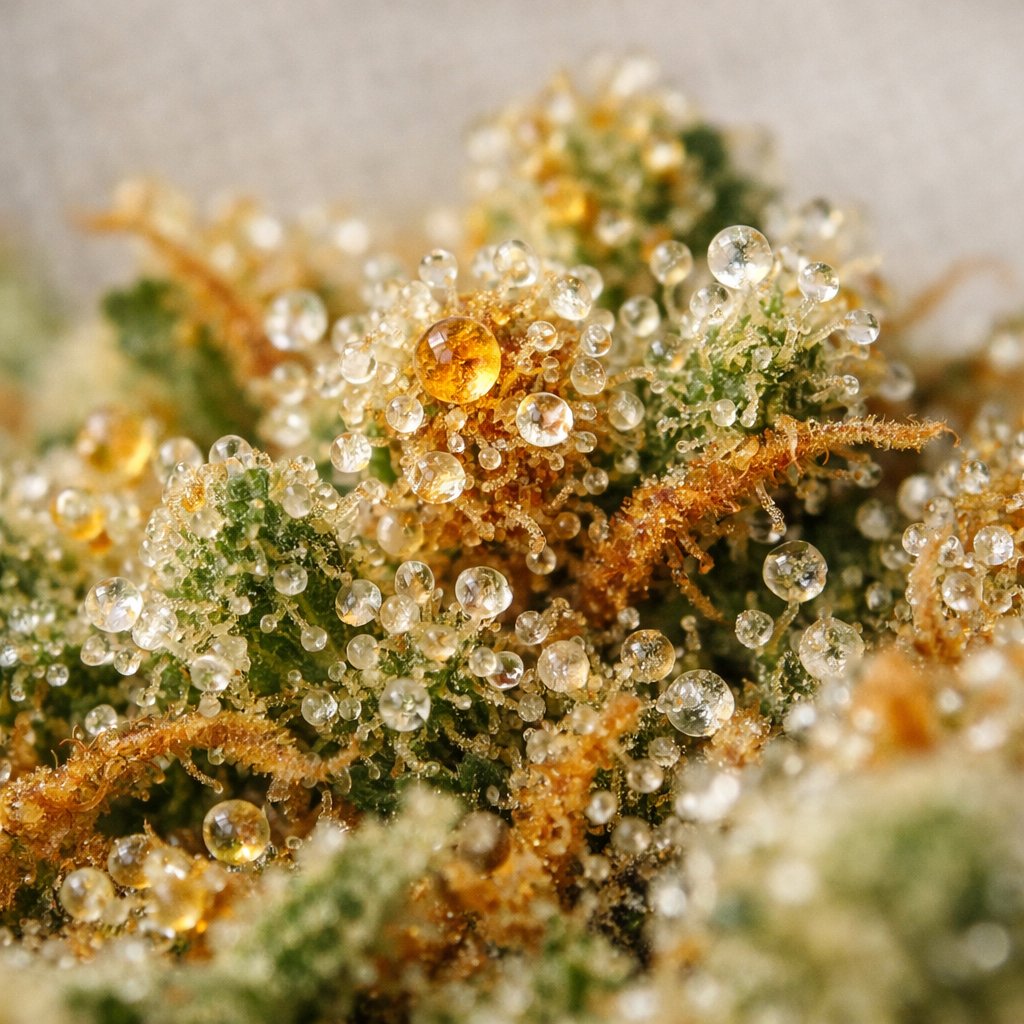 Détail macro des trichomes résineux sur trim CBD Mr Brown