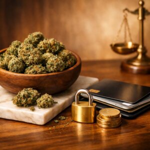 Scène éditoriale statique avec fleurs CBD séchées et éléments évoquant la sécurité du paiement