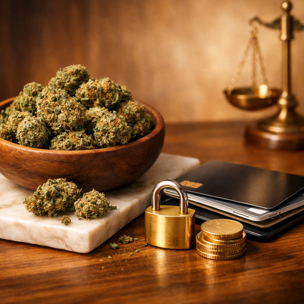 Scène éditoriale statique avec fleurs CBD séchées et éléments évoquant la sécurité du paiement