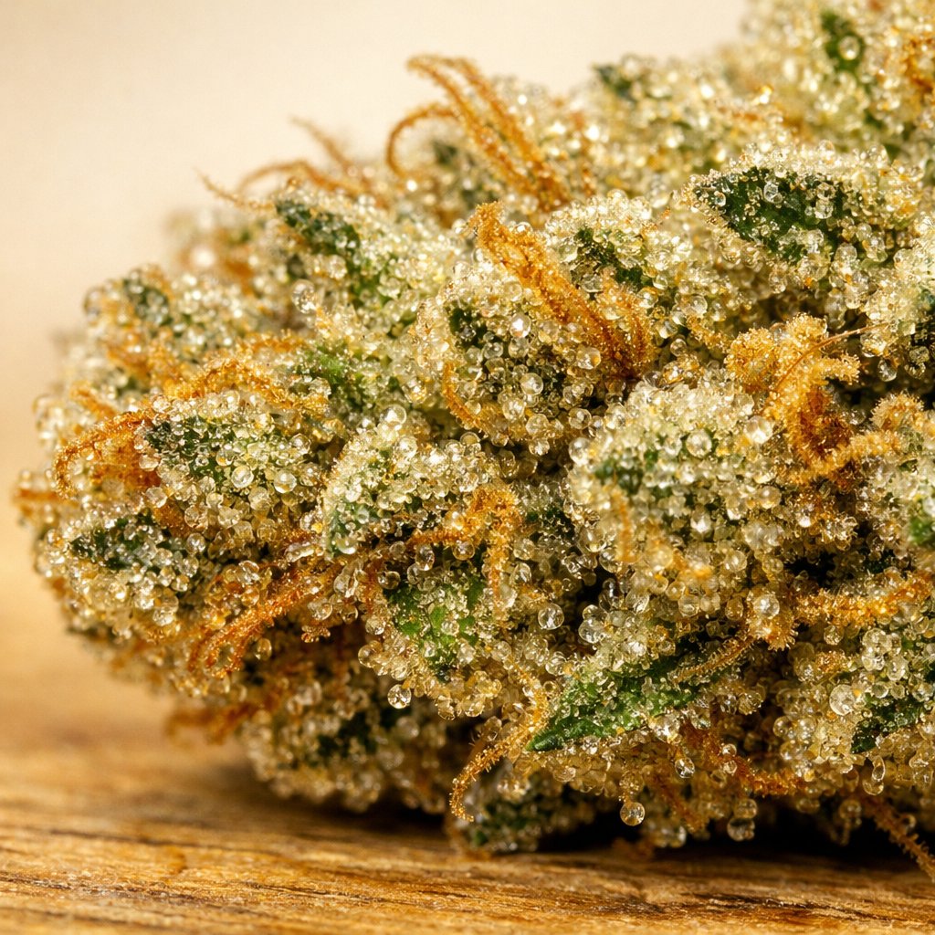 Macro détails des trichomes d’une fleur de CBD avec texture résineuse et cristalline