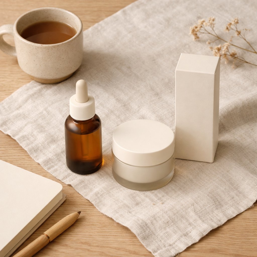 Flat-lay avec packaging CBD premium sur surfaces naturelles et accessoires neutres