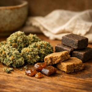 Composition statique de fleurs CBD séchées et résines sur bois chaud