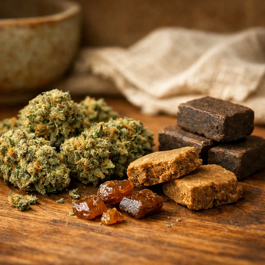 Composition statique de fleurs CBD séchées et résines sur bois chaud