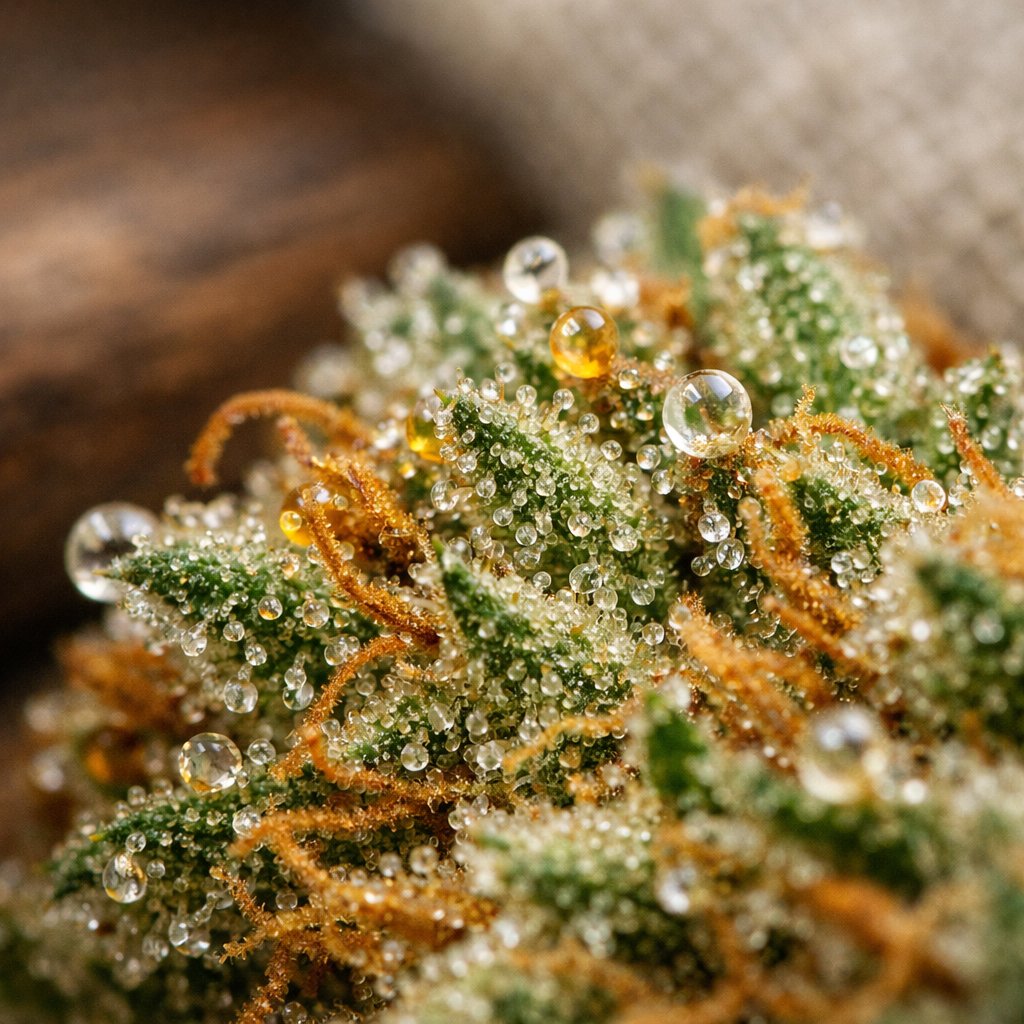 Gros plan macro des trichomes sur fleur CBD Promonatura