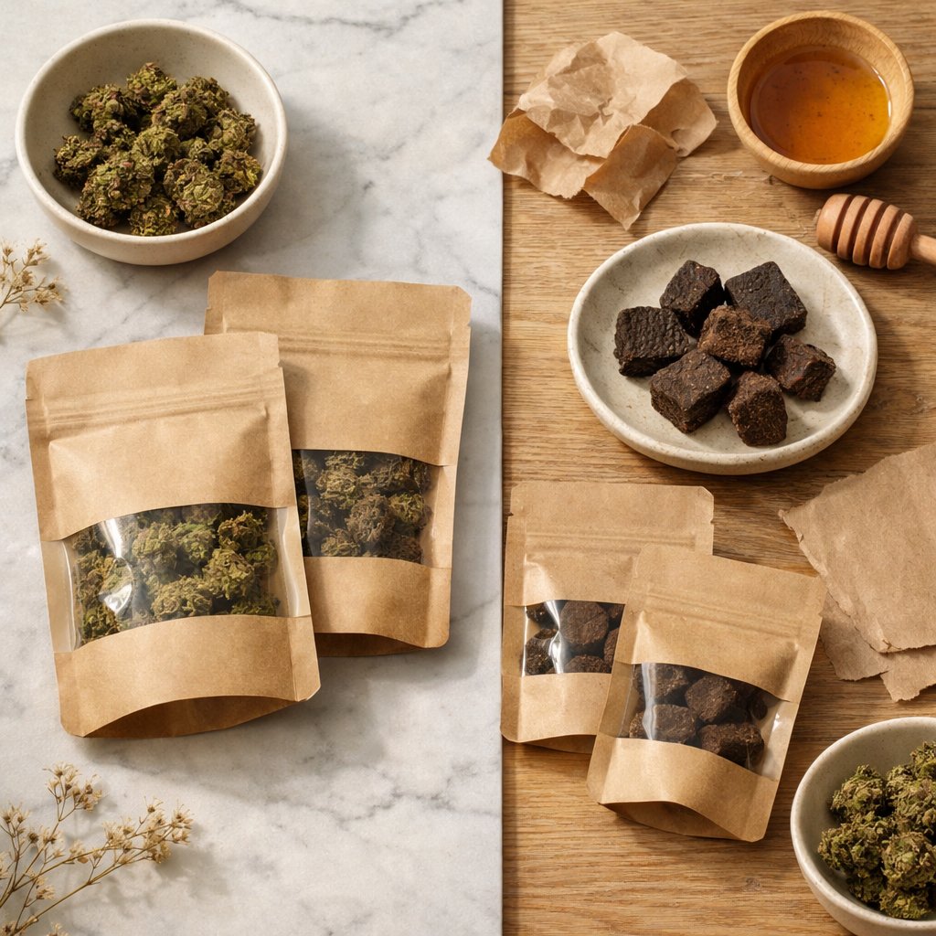 Vue zénithale de fleurs et résines CBD Promonatura avec packaging neutre