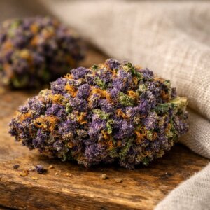 Fleur Purple Haze CBD aux nuances violettes profondes avec résine ambrée