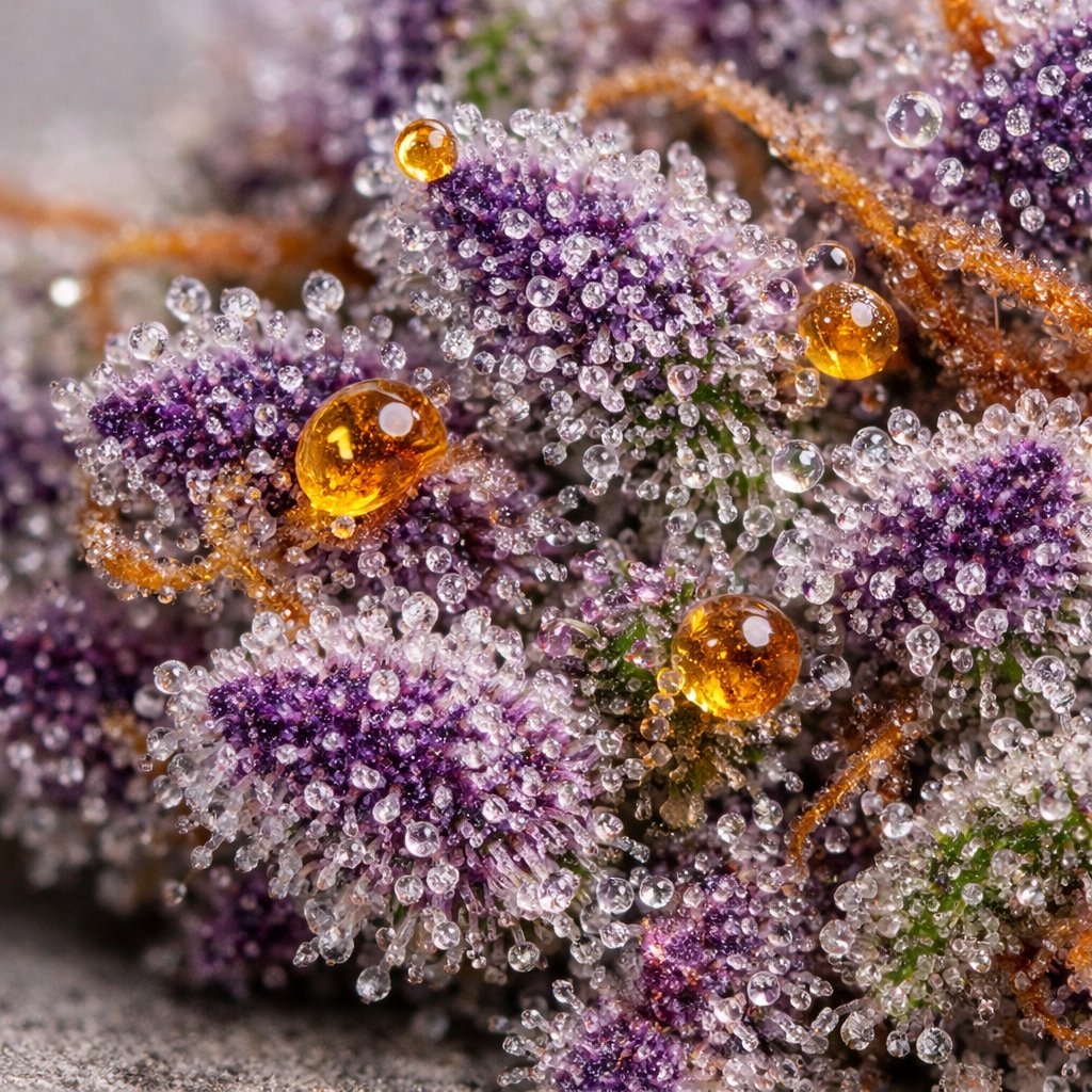 Détail macro des trichomes et résine ambrée sur Purple Haze CBD