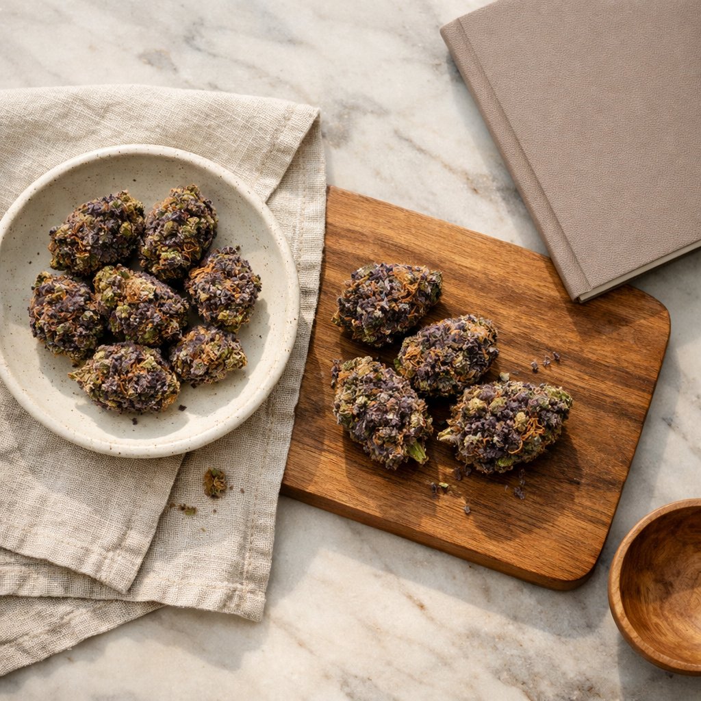 Flat-lay Purple Haze CBD avec éléments lifestyle neutres sur surface marbre et lin