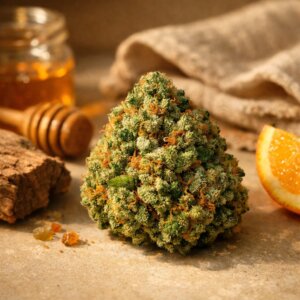 Gros plan sur un bourgeon de fleur Sour Diesel CBD dense et résineux