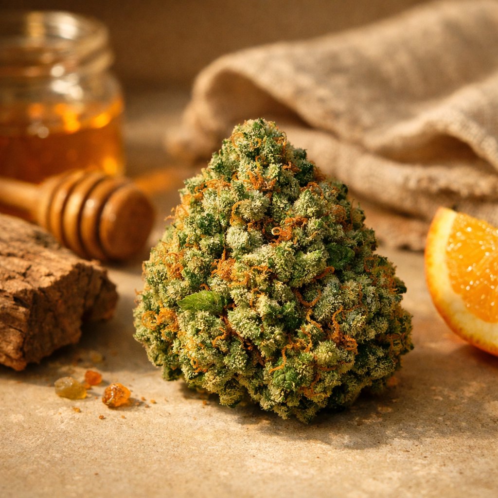 Gros plan sur un bourgeon de fleur Sour Diesel CBD dense et résineux