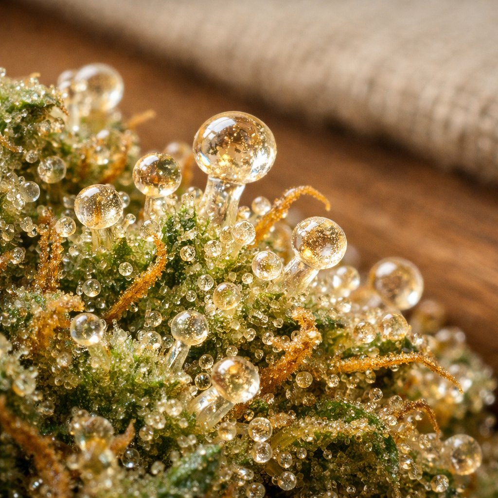 Détail macro des trichomes et résine de la Sour Diesel CBD